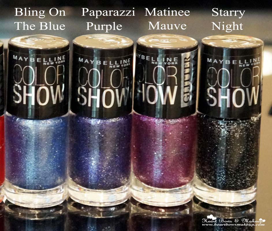 Maybelline Color Show Glitter Mania Nail Polish Review & Shades: Bling On The Blue, Paparazzi Purple, Matinee Mauve, Starry Night
