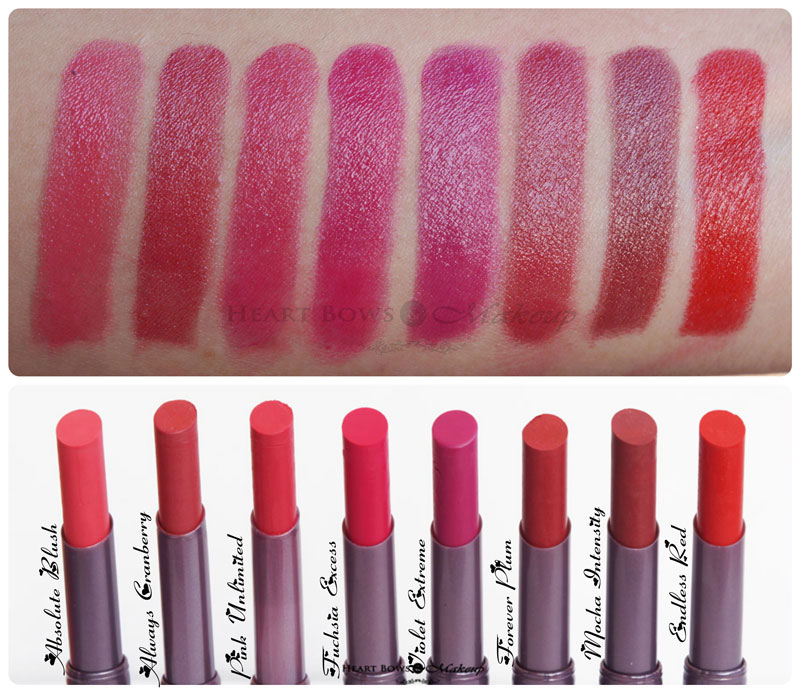 Oriflame The ONE  Lipsticks Swatches, Shades & Review: Absolute Blush, Always Cranberry, Pink Unlimited, Fuchsia Excess, Violet Extreme, Forever Plum, Mocha Intensity, Endless Red