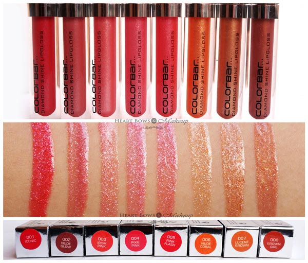 Colorbar Diamond Shine Lipgloss Swatches Review Iconic Nude Glow Irish Pink Pixie Pink Flash Nude Coral Lucent Brown Girl