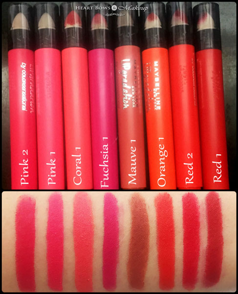 Maybelline Lip Gradation Swatches Review Pink 1 Pink 2 Coral 1 Fuchsia 1 Mauve 1 Orange 1 Red 2 Red 1