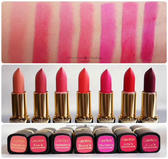 All L'Oreal Paris Collection Exclusive Naomi Eva Aishwarya Blake Doutzen Liya JLO's Pink Lipstick Swatches Review