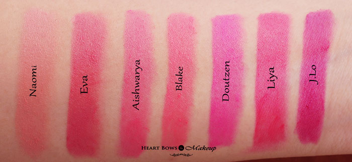 L'Oreal Paris Collection Star Pink Matte Lipsticks Naomi Eva Aishwarya Blake Doutzen Liya JLO Pink Review Swatches