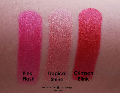 Lakme Absolute Illuminating Lip Shimmer Pink Flash Tropical Glow Crimson Bling Swatches Review