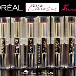 L'Oreal Rouge Caresse Lipstick Swatches: Cheeky Magenta, Impulsive Fuchsia, Rose Mademoiselle, Dating Coral, Aphrodite Scarlet, Irresitible Expresso