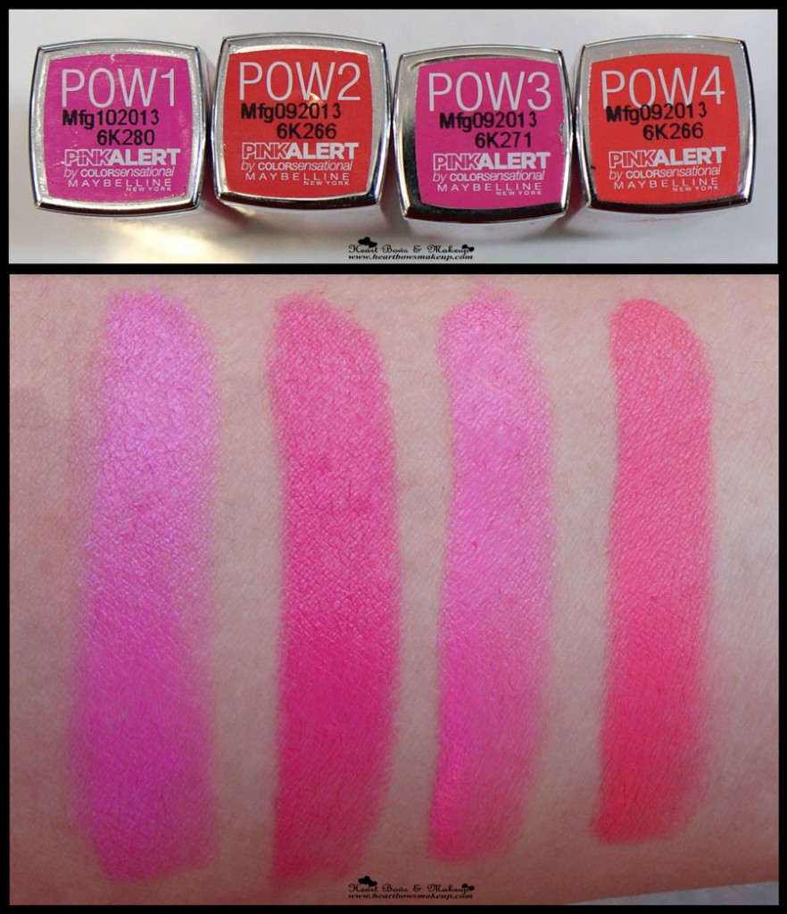 maybelline pink alert lipstick pow 1 swatch pow 2 swatch pow 3 swatch pow 4 swatch