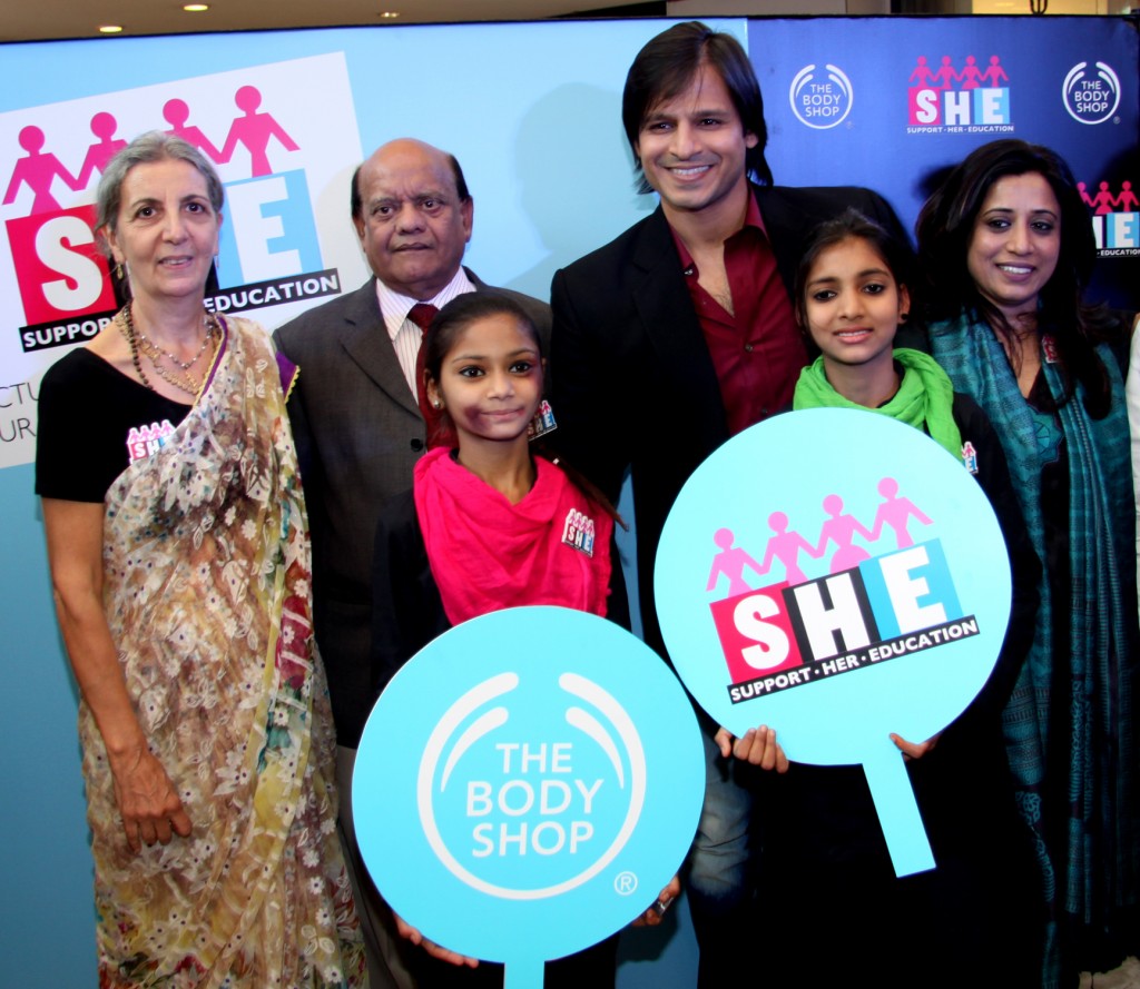 Co -founder FFLV Nikuja Vasini, Padmshree Surender Sharma,  Actor Vivek Oberoi, , and COO The Body Shop Shriti Malhotra at The Body Shop Event Campaign SHE- Support her education