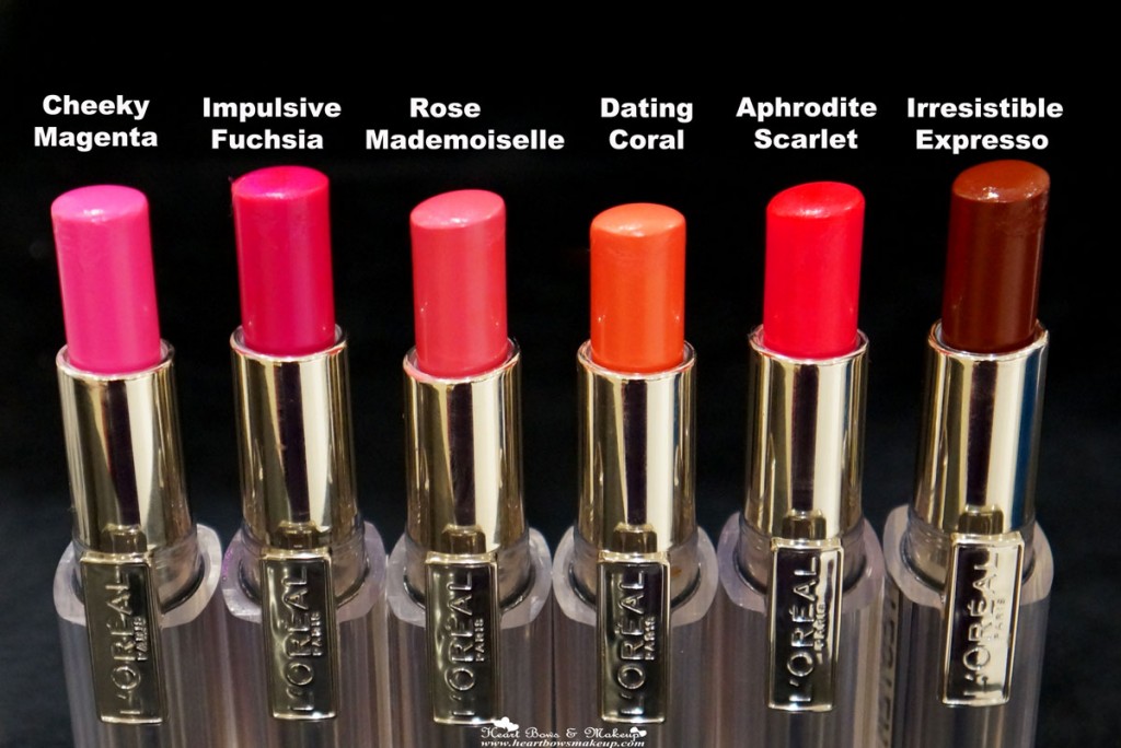 L'Oreal Rouge Caresse Lipstick Swatches Cheeky Magenta Impulsive Fuchsia Rose Mademoiselle Dating Coral Aphrodite Scarlet Irresistible Expresso