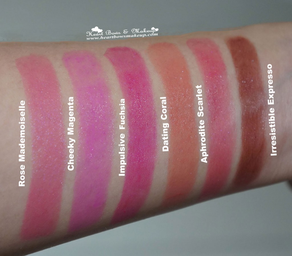 L’Oreal Rouge Caresse Lipstick Swatches:Cheeky Magenta, Impulsive Fuchsia, Rose Mademoiselle, Dating Coral, Aphrodite Scarlet, Irresistible Expresso