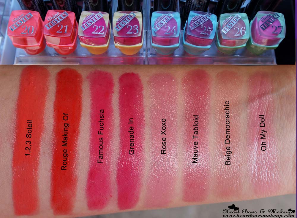 Bourjois Shine Edition Lipstick Review & Swatches: 1,2,3 Soleil, Rouge Making Of, Famous Fuchsia, Grenade In, Rose XOXO, Mauve Tabloid, Beige Democrachic, Oh My Doll