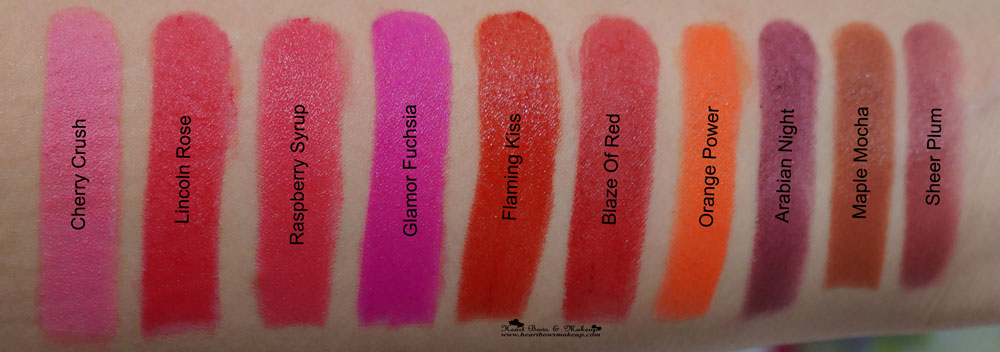 Loreal Moist Matte Lipstick Review Swatches India- Cherry Crush, Lincoln Rose, Raspberry Syrup, Glamor Fuchsia, Flaming Kiss, Blaze of Red, Orange Power, Arabian Night, Maple Mocha, Sheer Plum