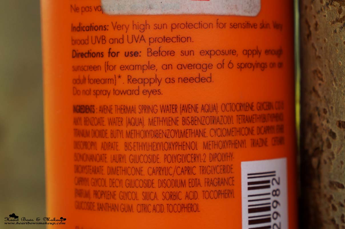 Avene Very High Protection Spray Sunscreen SPF 50 Ingredients