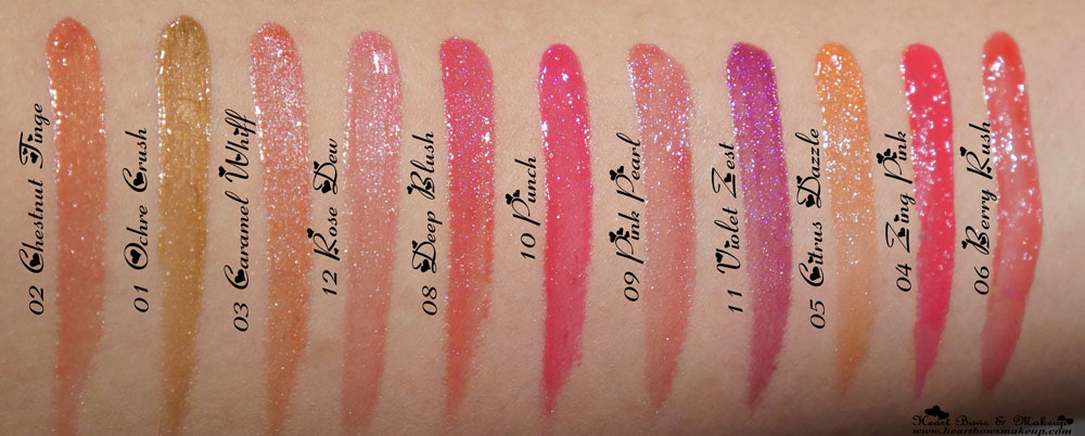 New Faces Glam On Lipglosses Review & Swatches: Chestnut Tinge, Ochre Crush, Caramel Whiff, Rose Dew, Deep Blush, Punch, Pink Pearl, Violet Zest, Citrus Dazzle, Zing Pink, Berry Rush 