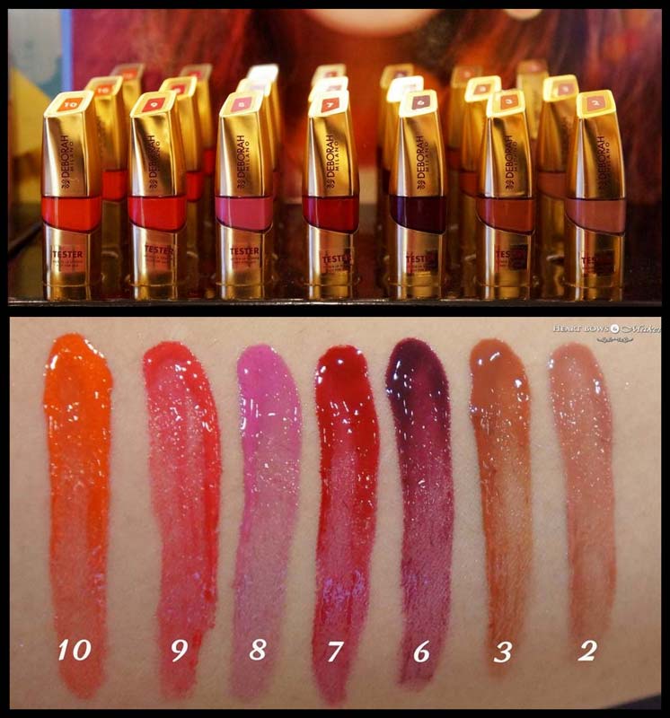 Deborah Milano Laque Lipstick Review &amp; Swatches: #10 Mademoiselle Tangerine, #9 Fuchsia Pink, #8 Princess Pink, #7 Scarlet Lover, #6 Purple Queen, #3 Lady Beige, #2 Sweetheart Queen