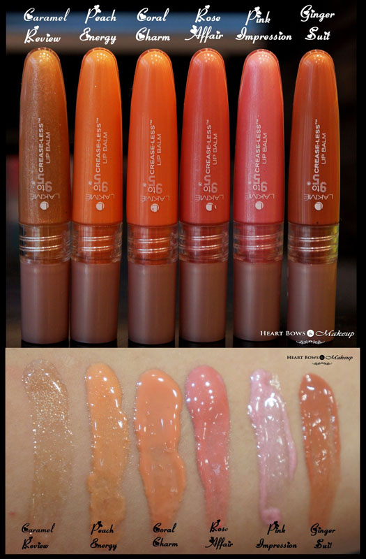 Lakme 9 to 5 Crease Less Lip Balm Swatches & Review: Caramel Review, Peach Energy, Coral Charm, Rose Affair, Pink Impression, Ginger Suit