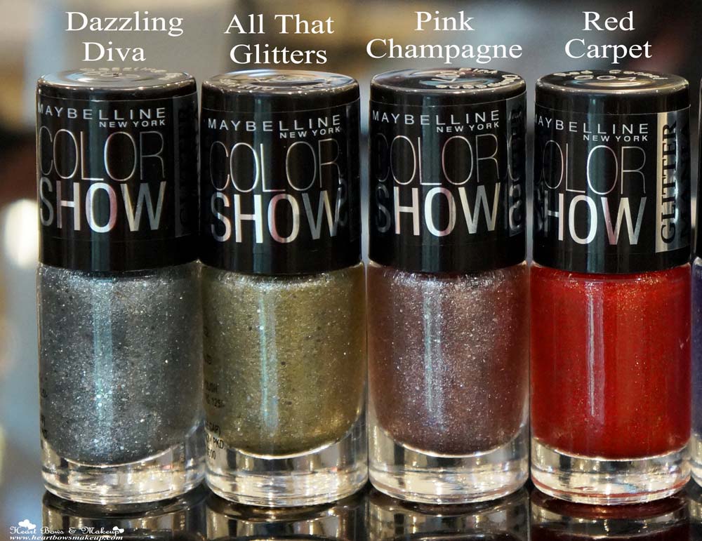 Maybelline Color Show Glitter Mania Nail Polishes Review & Shades: Dazzling Diva, All That Glitters, Pink Champagne, Red Carpet