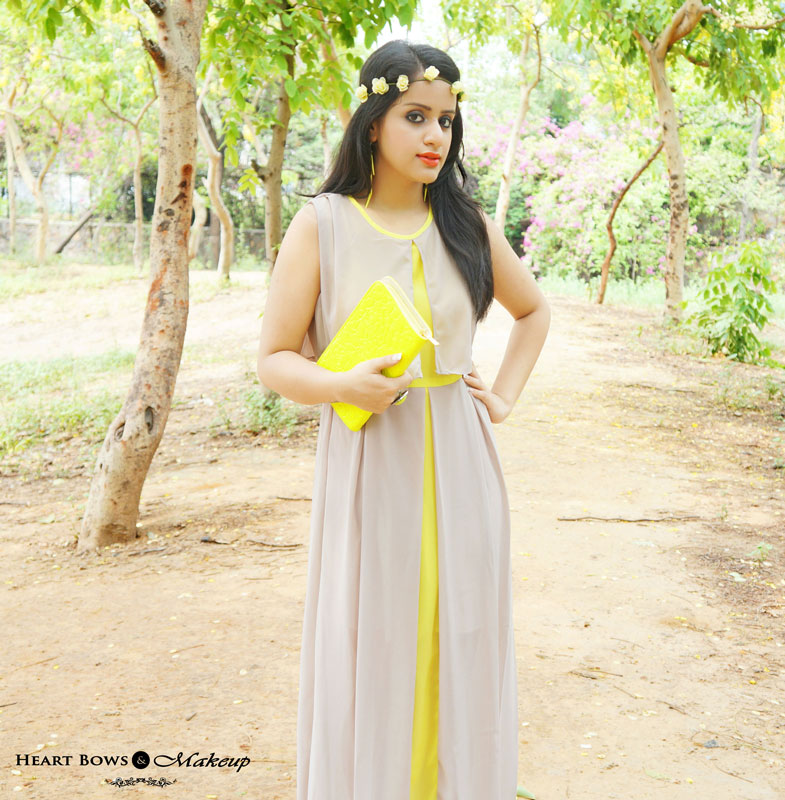 Indian Fashion Blog: OOTD I feat Sammydress Maxi Dress, Flower Crown Headband, Neon Clutch & Earrings