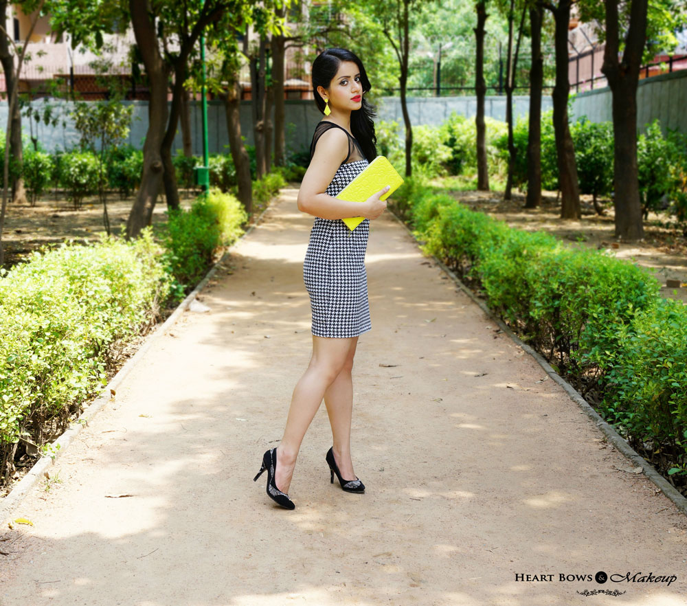 Indian Fashion Blog: OOTD- Breaking Monochrome feat FabAlley Houndstooth Dress, Neon Accessories & Black Pumps