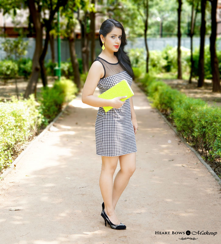 Indian Makeup Blog: OOTD- Breaking Monochrome feat FabAlley Houndstooth Dress, Neon Accessories & Black Pumps