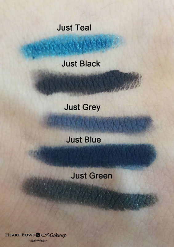 Colorbar Just Smoky Kajal Eye Pencil Swatches & Review: Teal, Black, Grey, Blue & Green