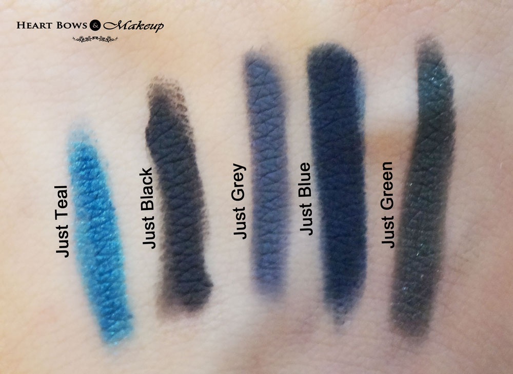 Colorbar Just Smoky Kajal Swatches & Review: Just Teal, Just Black, Just Grey, Just Blue, Just Green