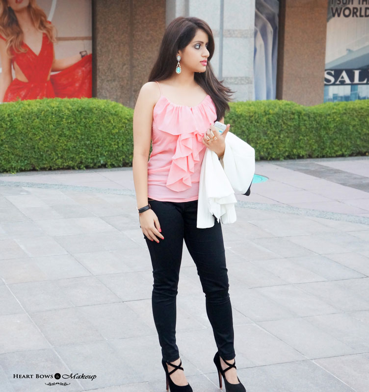 Indian Fashion Blog: OOTD feat H&M Pink Ruffled Top, White Structured Blazer & Addons Accessories