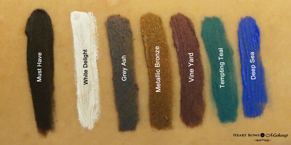 Lakme Absolute Gel Addict Liner Swatches & Review: Must Have, White Delight, Grey Ash, Metallic Brown, Vine Yard, Tenacious Teal, Deep Sea