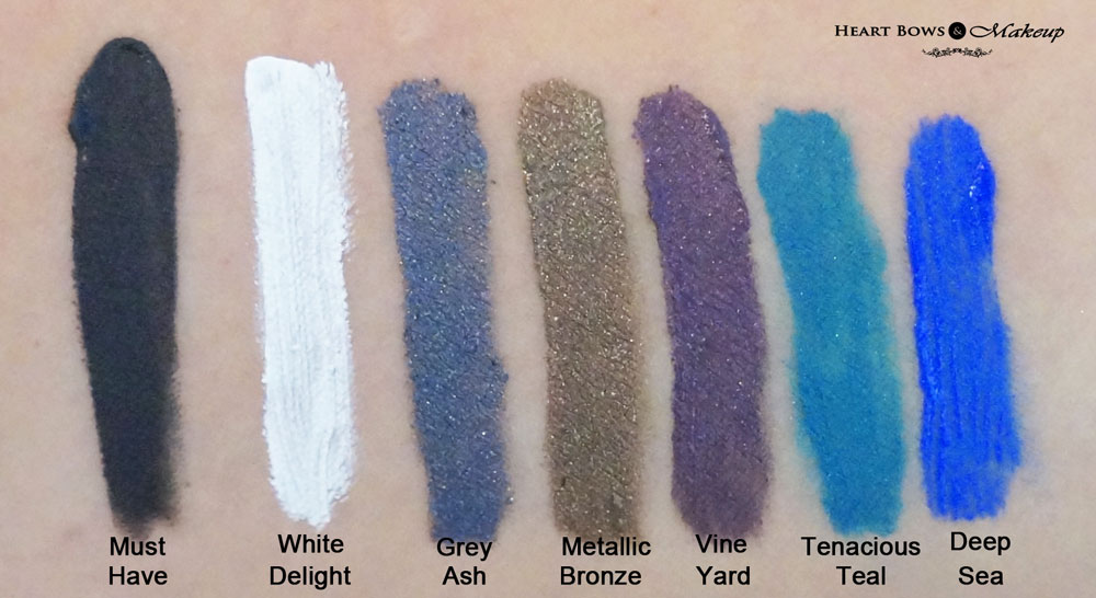 Lakme Absolute Gel Addict Eye Liner Swatches & Review: Must Have, White Delight, Grey Ash, Metallic Brown, Vine Yard, Tenacious Teal, Deep Sea