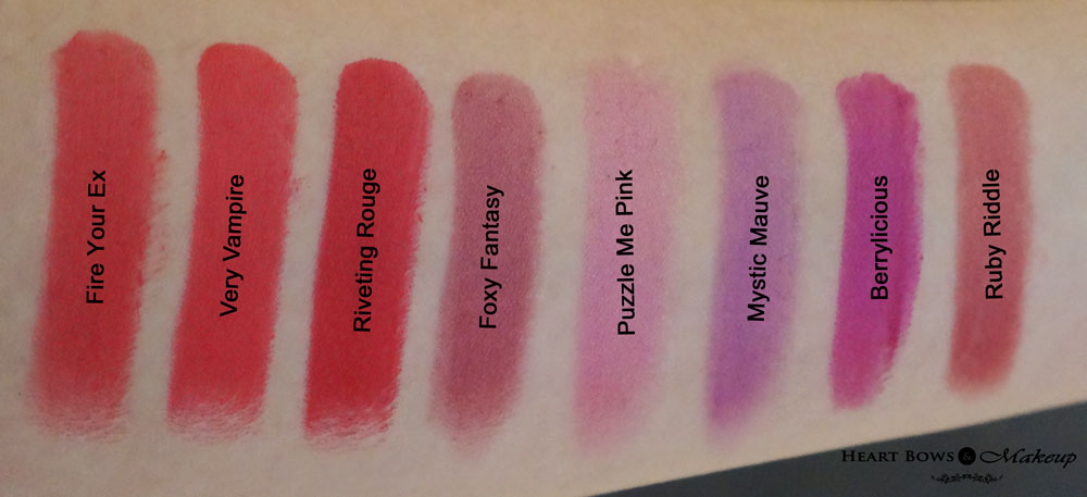 Street Wear Color Rich Lipstick Review & Swatches: Fire Your Ex, Very Vampire, Riveting Rouge, Foxy Fantasy, Puzzle Me Pink, Mystic Mauve, Berrylicious, Ruby Riddle