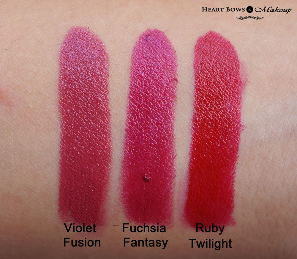 Maybelline Color Show Lipsticks Swatches & Review- Violet Fusion, Fuchsia Fantasy & Red Twilight 
