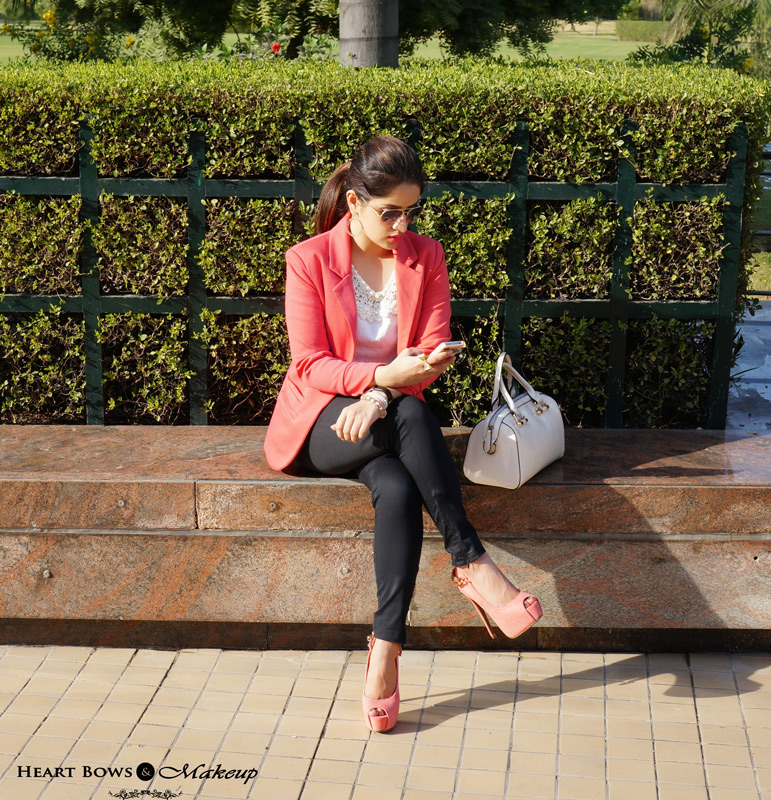 Indian Fashion Blog: Fall OOTD feat Sheinside Blazer, Rosewholesale Top, Faballey Trousers & Coral Heels