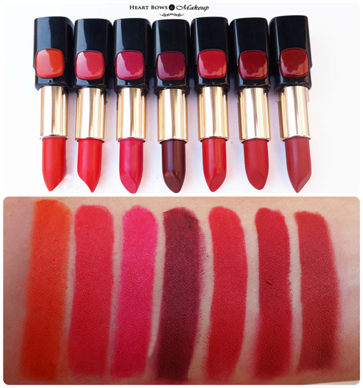 LOreal Collection Star Red Lipsticks Swatches & Review: Pure Fire, Pure Vermeil, Pure Amaranthe, Pure Garnet, Pure Scarleto, Pure Rouge, Pure Brick