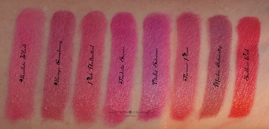 Oriflame The ONE  Lipsticks Swatches, Shades & Review: Absolute Blush, Always Cranberry, Pink Unlimited, Fuchsia Excess, Violet Extreme, Forever Plum, Mocha Intensity, Endless Red